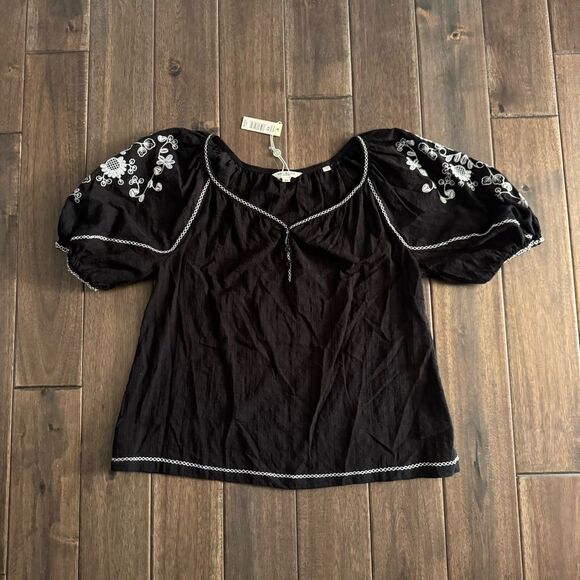 Max Studio Black & White Embroidered Floral Puff Sleeve Boho Blouse XS NWT - Picture 1 of 5